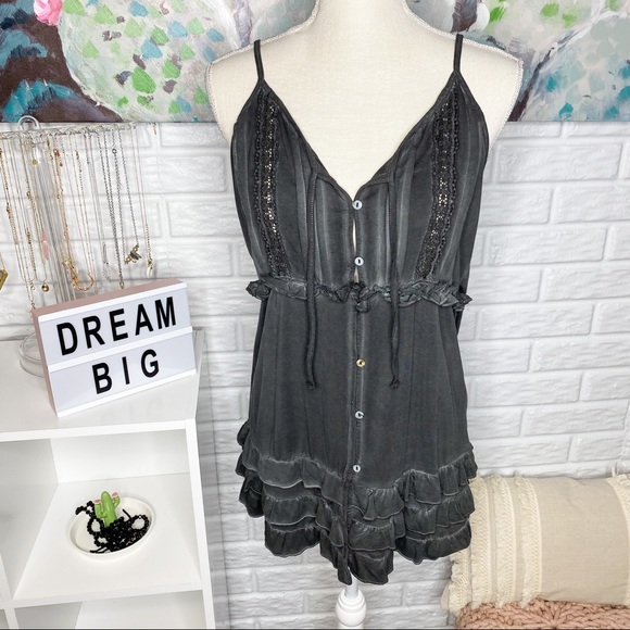 POL Tops - POL Charcoal Grey Button Down Lace Tank Blouse